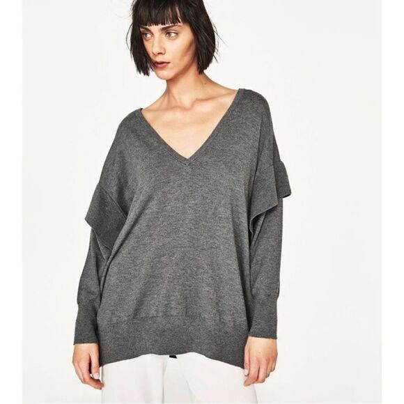 Zara Ruffle Trim Sides V Neck Sweater Grey Medium Dolman Sleeve - Picture 1 of 15